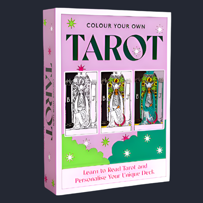 Color your own tarot kit packaging with tarot card illustrations on a pink background