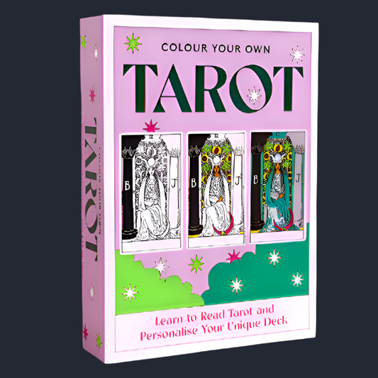 Color your own tarot kit packaging with tarot card illustrations on a pink background