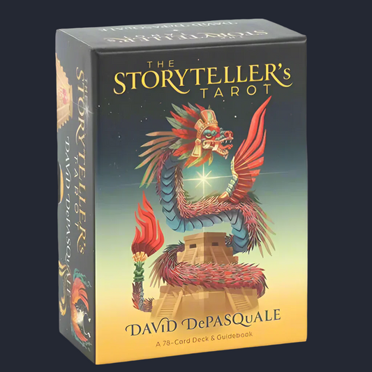 Storyteller's Tarot card box with dragon illustration on a black background