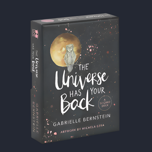 Card deck packaging titled 'The Universe Has Your Back' by Gabrielle Bernstein on a black background